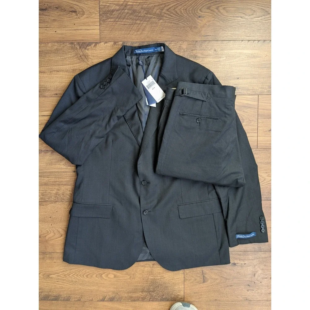 NWT Polo Ralph Lauren Men Charcoal Wool Suit Blazer‎ 44R Pants 34W Unemmed